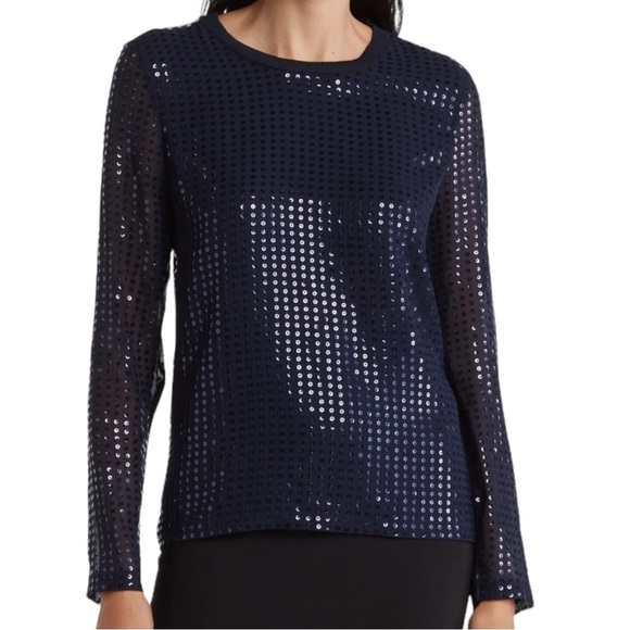 NWT Donna Karan sequin long sleeve blouse sheer sleeves in indigo sunset, S - Picture 1 of 13